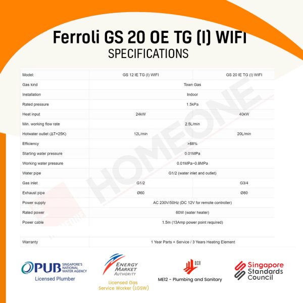 Ferroli GS 20 OE TG (I) WIFI City Gas Heater Specifications