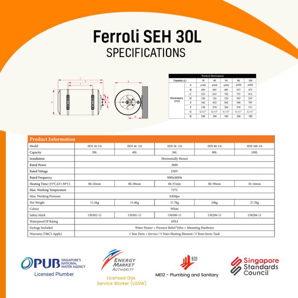 Ferroli SEH 30L Storage Water Heater Specifications